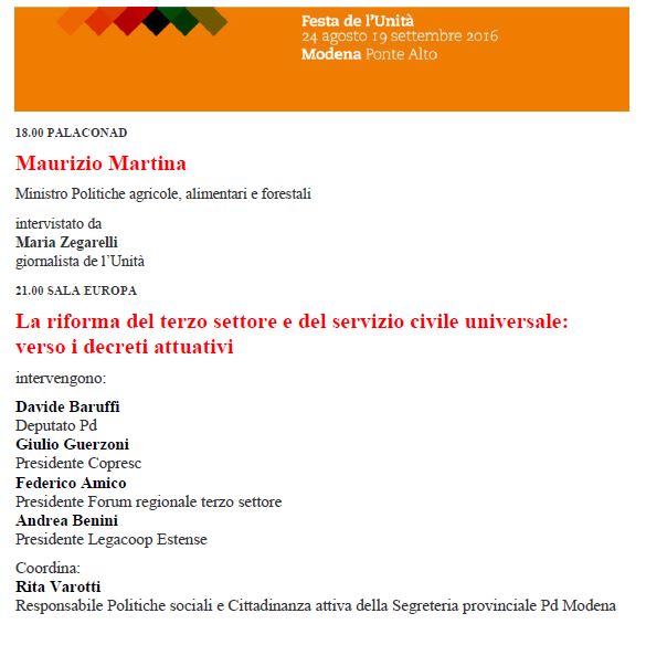Riforma del Terzo Settore: se ne parla domenica 28 agosto a Modena alla Festa dell’Unità