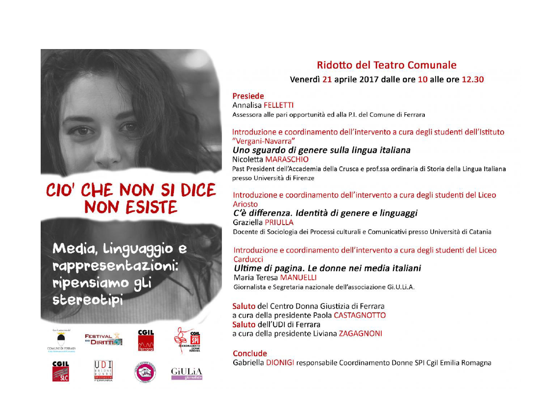 “Ciò che non si dice non esiste. Media, linguaggio e rappresentazioni: ripensiamo gli stereotipi”, venerdì 21 aprile a Ferrara