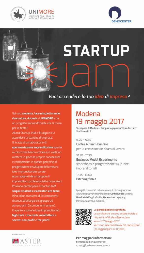 Startup Jam accende le idee di impresa, il 19 maggio a Modena, con il contributo di Generazioni Legacoop