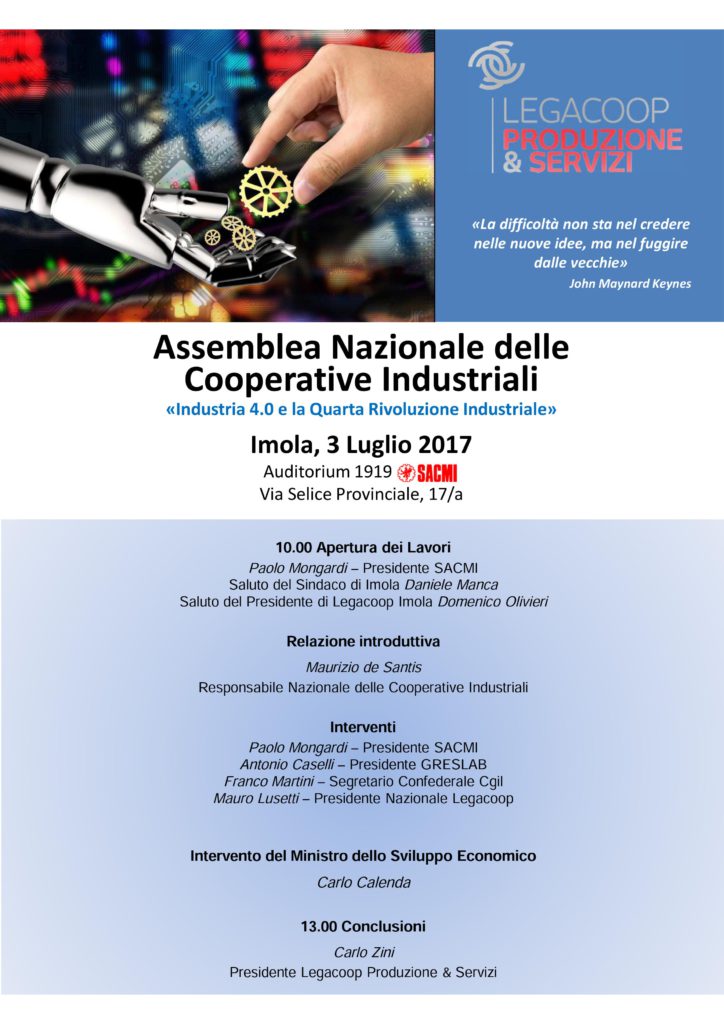 Il 3 luglio l’Assemblea Nazionale delle Cooperative Industriali e Manifatturiere, su Industria 4.0 e Quarta Rivoluzione Industriale