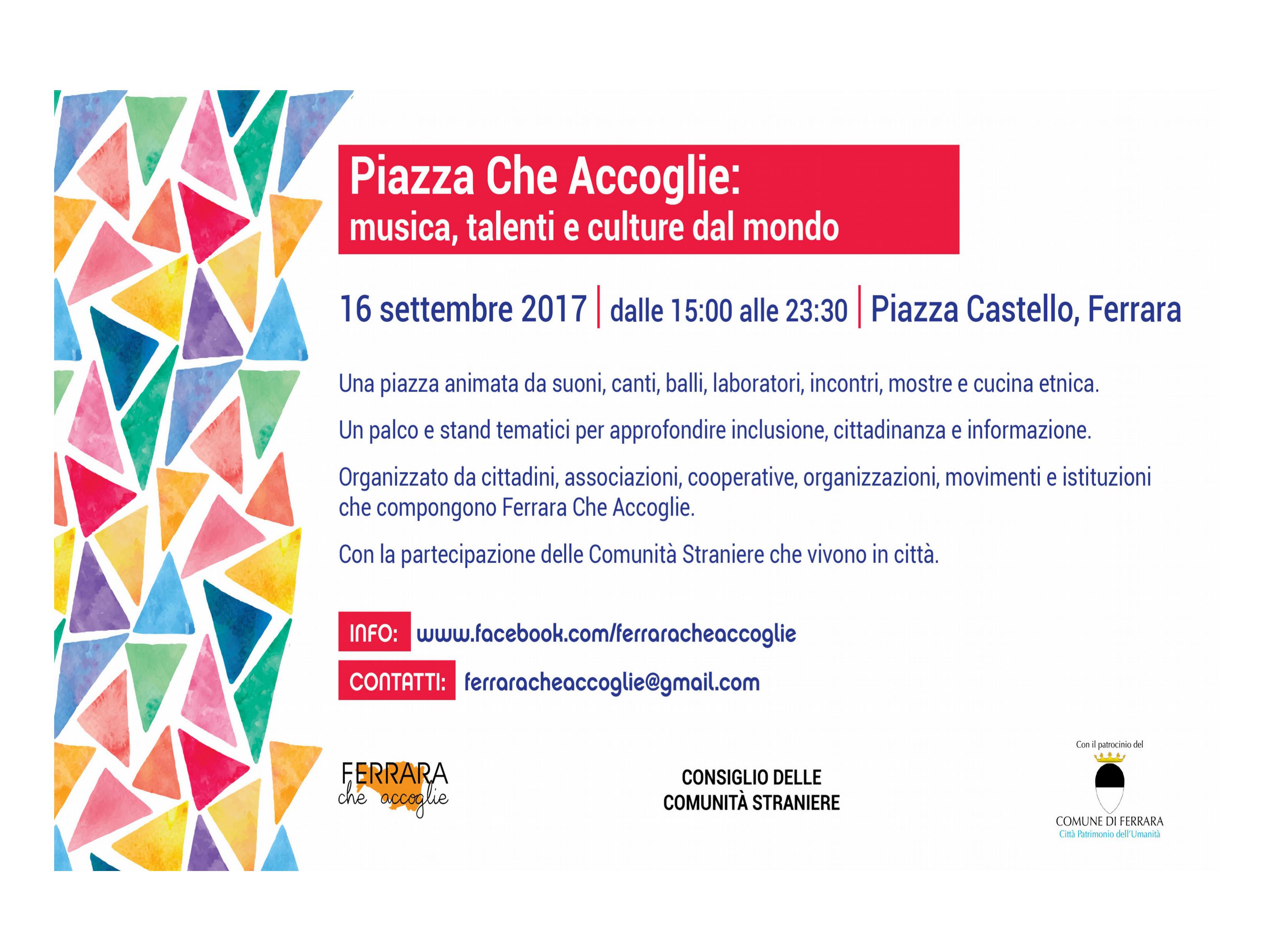 Piazza Che Accoglie: tra musica, talenti e culture dal mondo, sabato 16 settembre Ferrara si apre a una festa di cittadinanza e inclusione