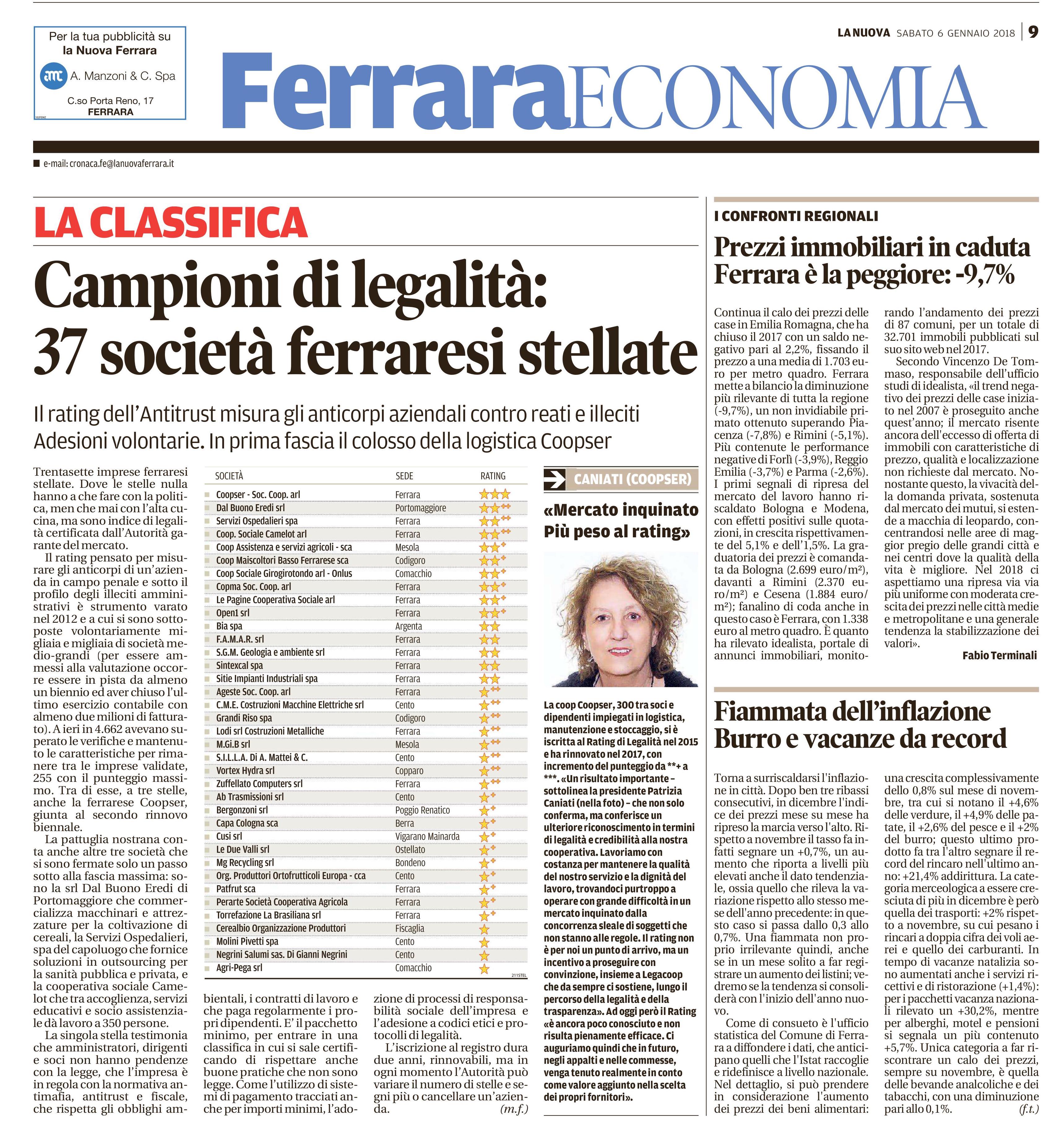Coopser in cima alla classifica delle imprese ferraresi “stellate”: una cooperativa a tre stelle nel Rating di Legalità. L’articolo su La Nuova Ferrara