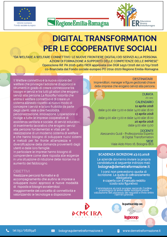 Digital transformation per le cooperative sociali: dal 12 aprile un corso promosso da Demetra e Legacoop Emilia Romagna. Iscrizioni entro il 23 marzo