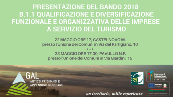 GAL: presentazione bando 2018 B.1.1 ​​ Qualificazione e diversificazione funzionale e organizzativa delle imprese a servizio del turismo