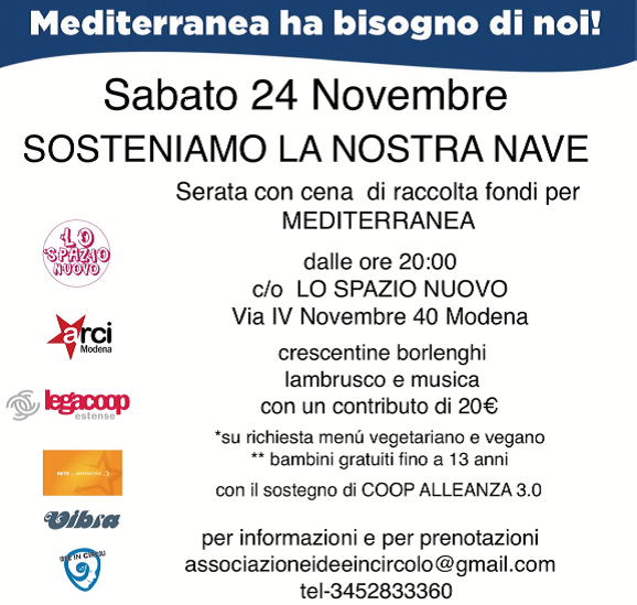 “Sosteniamo la nostra nave”: sabato 24 novembre serata con cena di raccolta fondi per Mediterranea