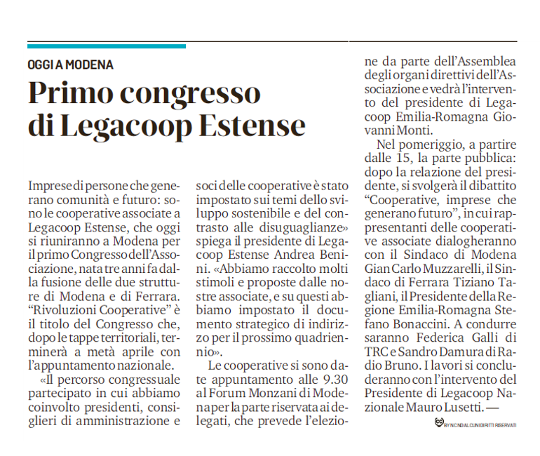 Primo congresso di Legacoop Estense, oggi a Modena