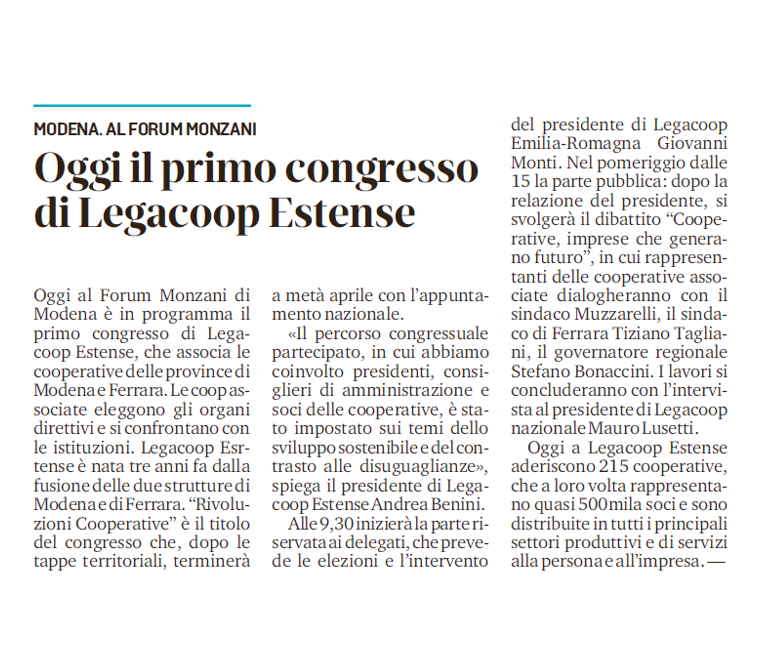 Oggi il primo congresso di Legacoop Estense