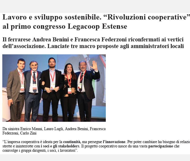 Lavoro e sviluppo sostenibile. “Rivoluzioni cooperative” al primo congresso Legacoop Estense