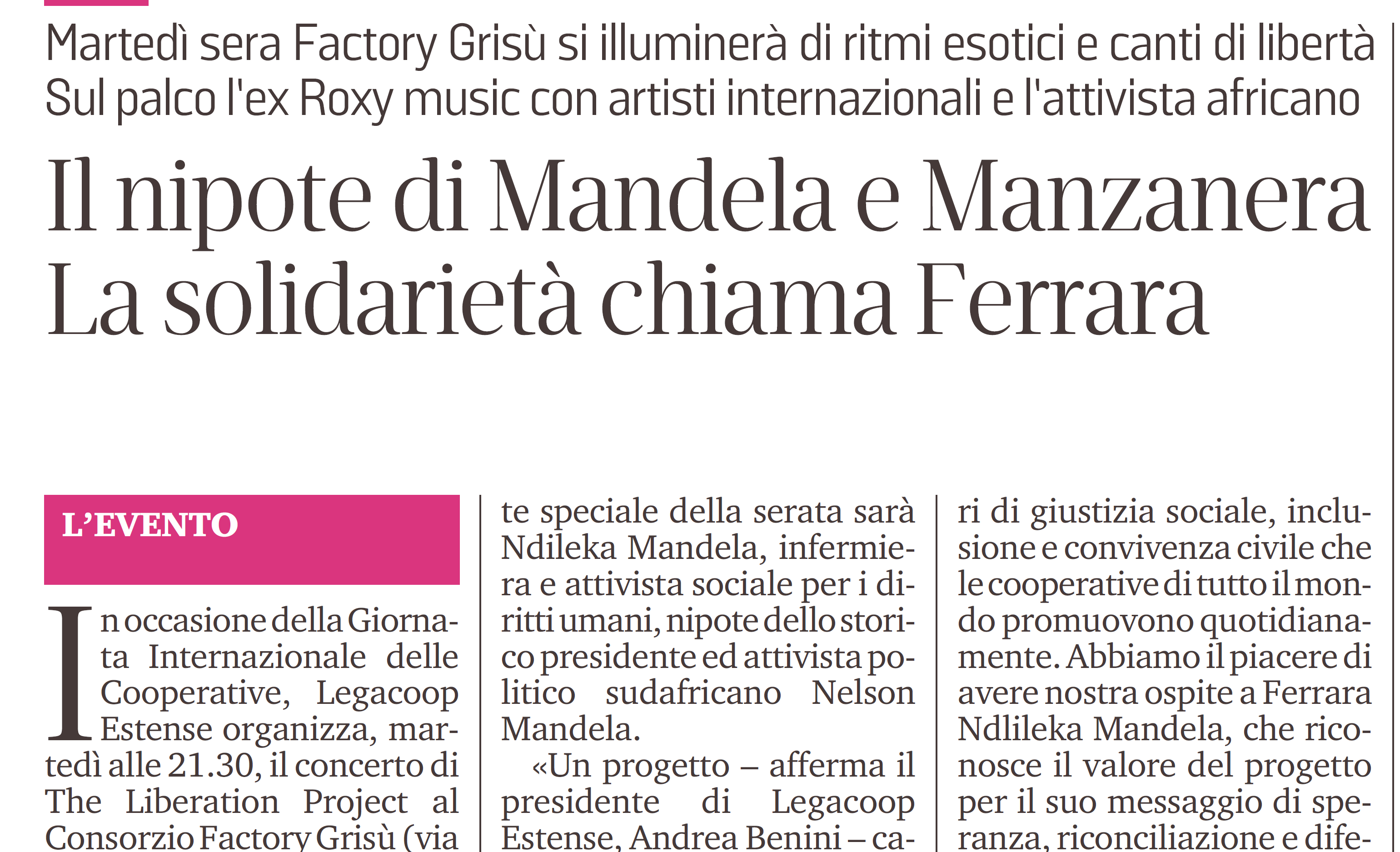 Il nipote di Mandela e Manzanera La solidarietà chiama Ferrara