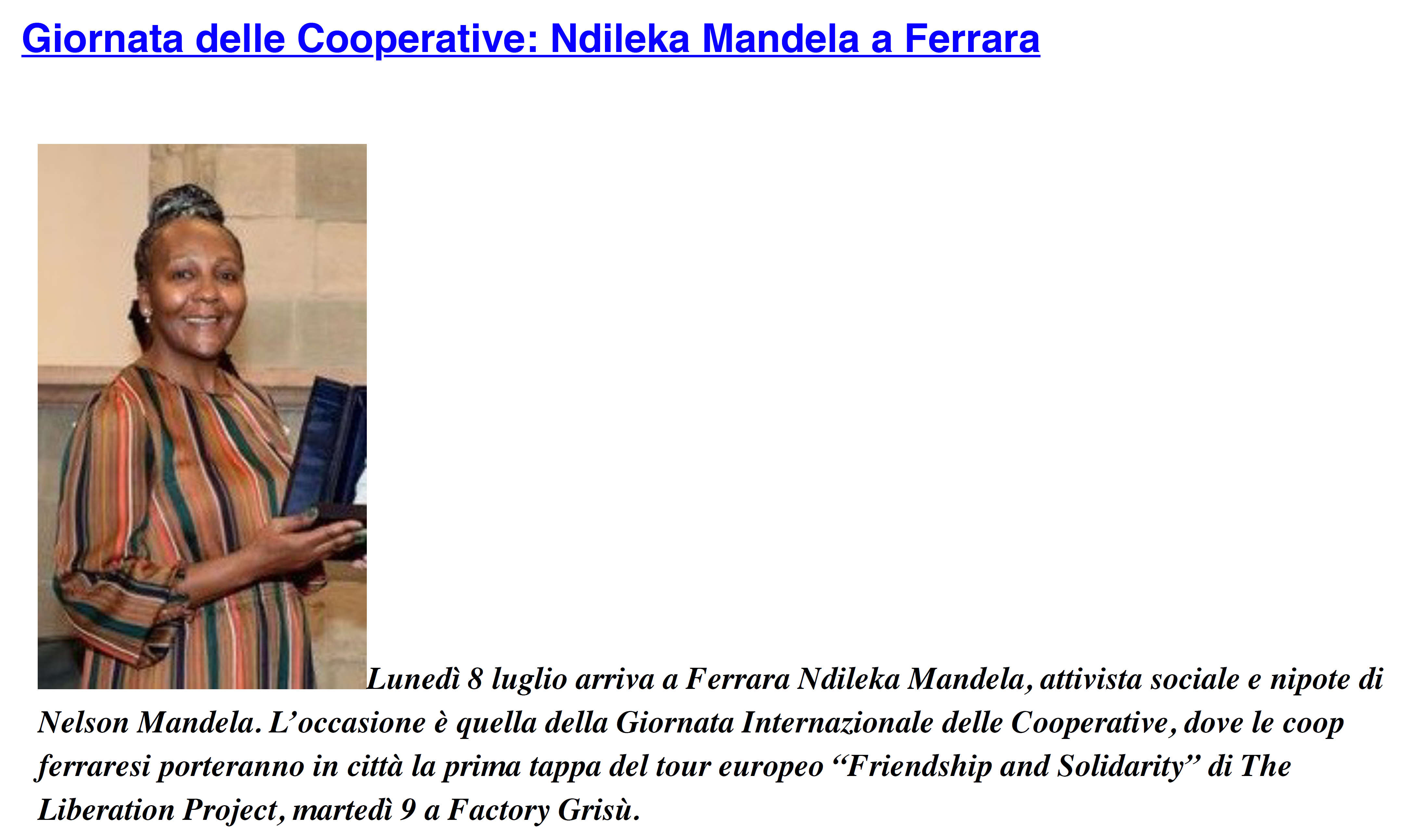 Giornata delle Cooperative: Ndileka Mandela a Ferrara