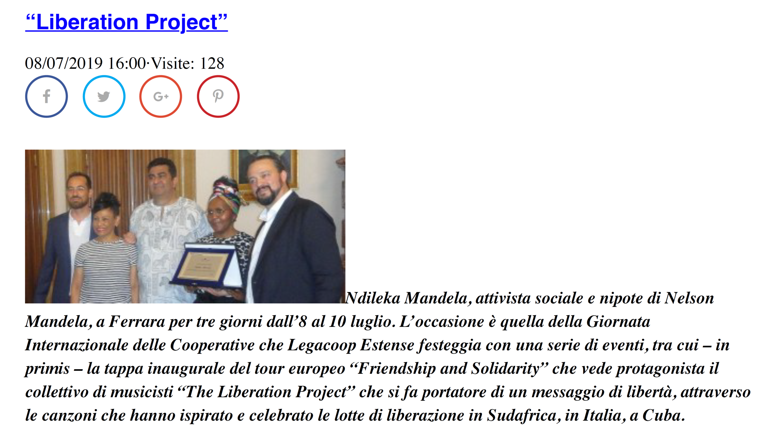 La nipote di Nelson Mandela a Ferrara per il concerto solidale dei “Liberation Project”