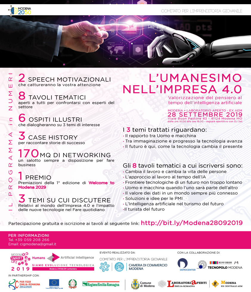 L’umanesimo nell’impresa 4.0. Il 28 settembre l’iniziativa del Comitato per l’Imprenditoria Giovanile di Modena