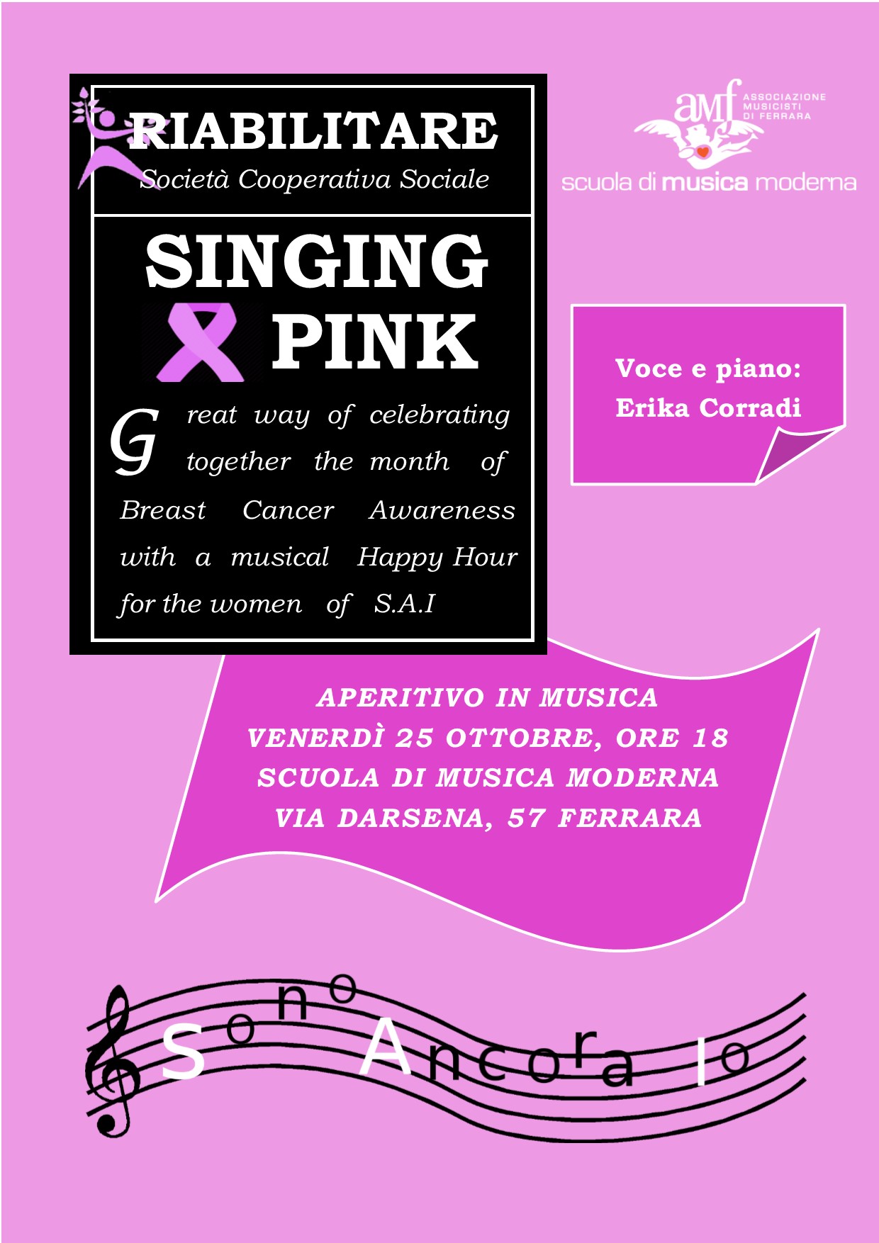 “Singing Pink”: il 25 ottobre aperitivo in musica con la cooperativa Riabilitare, nell’ambito di un progetto per donne operate al seno