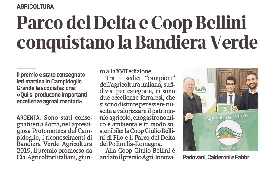 La coop Giulio Bellini vince il premio Bandiera Verde Agricoltura 2019 per l’Agri-innovation. La premiazione in Campidoglio