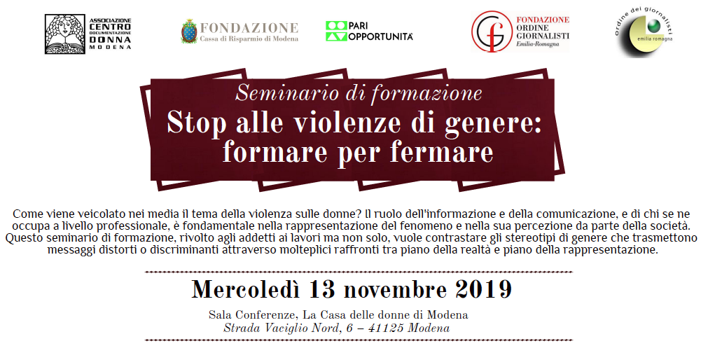 Stop alle violenze di genere: formare per fermare. Il 13 novembre a Modena un seminario con l’Ordine dei Giornalisti