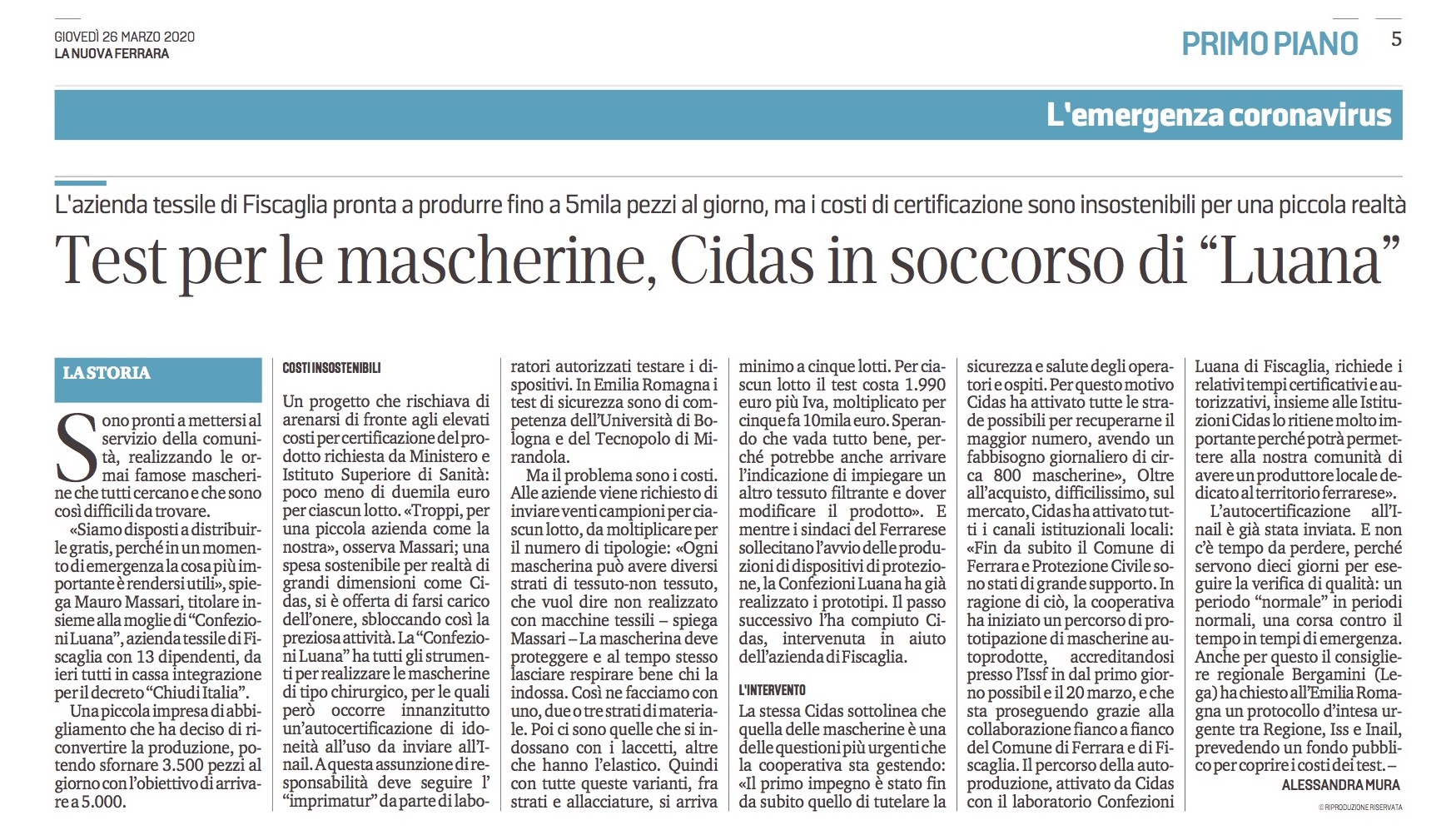 CIDAS insieme all’azienda tessile “Confezioni Luana” per produrre mascherine