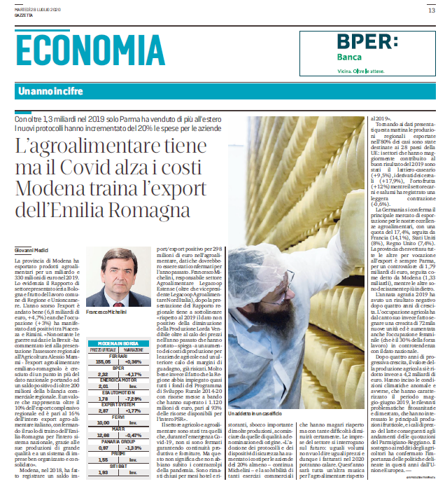 Rapporto 2019 sul Sistema agroalimentare dell’Emilia-Romagna: l’intervista della Gazzetta di Modena a Franco Michelini