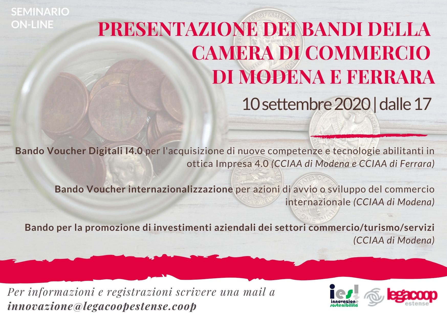 Nuovi bandi delle Camere di Commercio di Modena e Ferrara: il 10 settembre un webinar di Legacoop per presentare le opportunità per le imprese