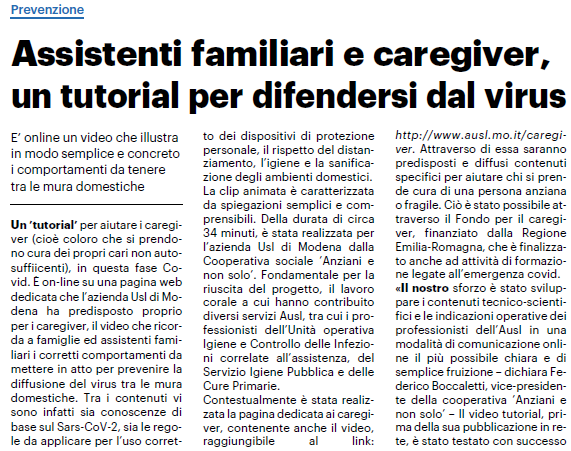 Assistenti familiari e caregiver, un tutorial per difendersi dal virus realizzato dalla cooperativa Anziani e non solo per l’Azienda USL di Modena