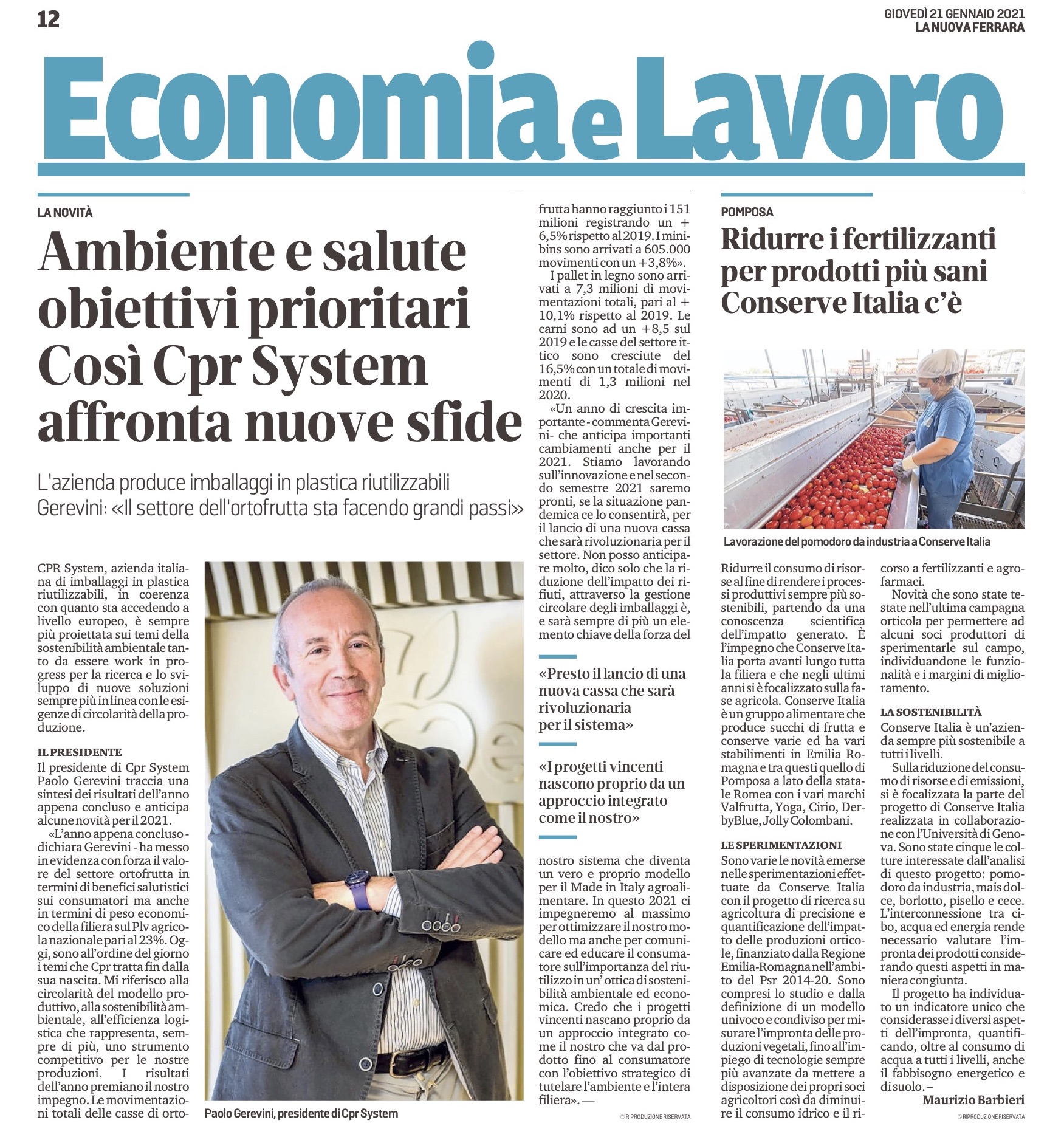 Ambiente e salute obiettivi prioritari: l’articolo dedicato a CPR System su La Nuova Ferrara