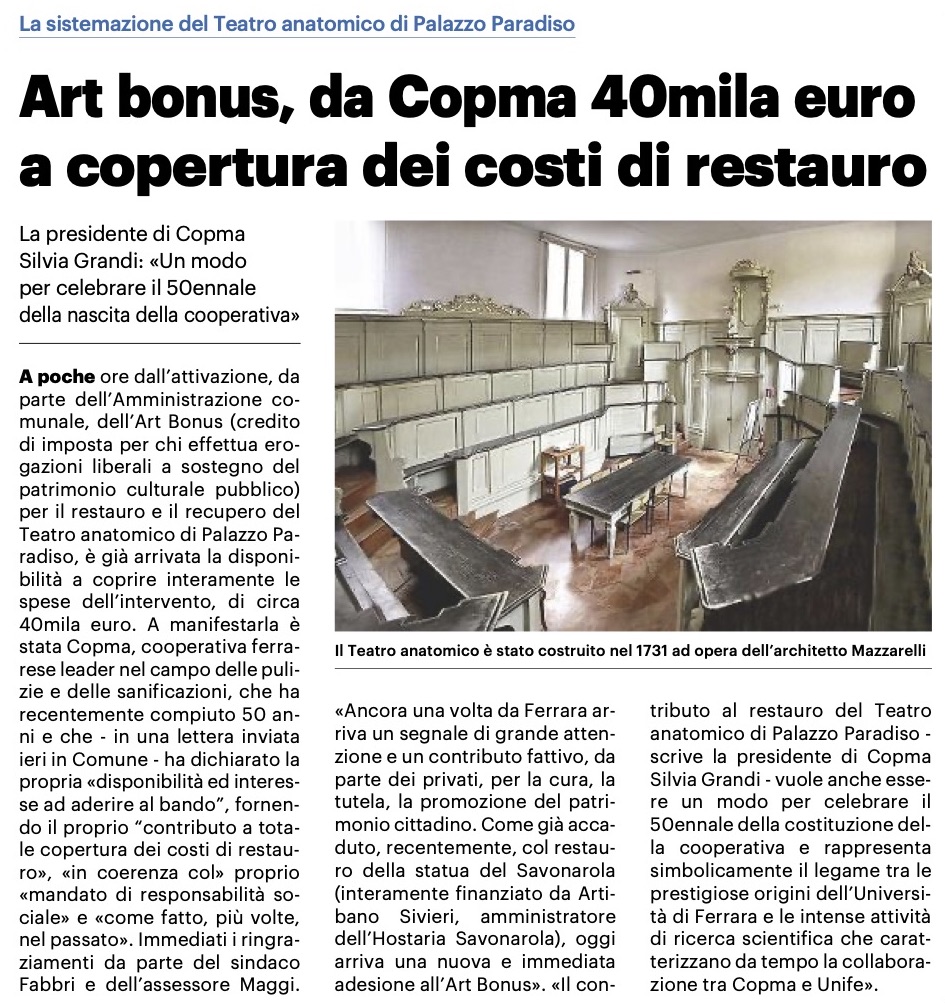 Art Bonus: da Copma 40mila euro per il restauro del Teatro anatomico