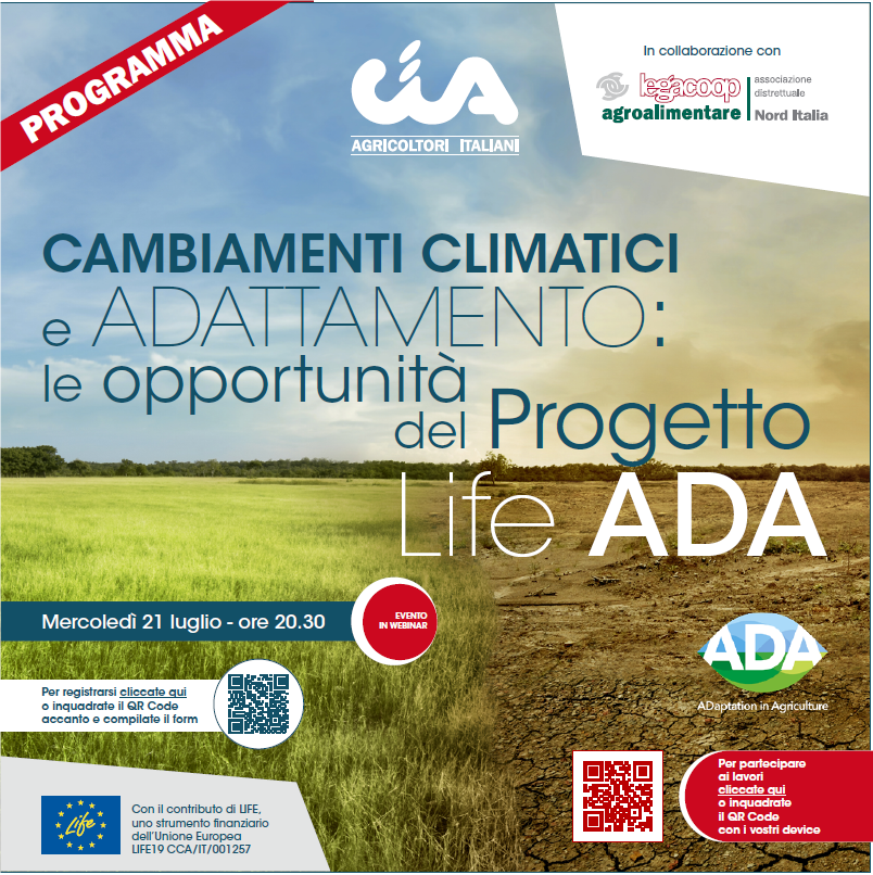 Legacoop Agroalimentare Nord Italia e CIA Emilia Romagna presentano: “Cambiamenti climatici e adattamento: le opportunità del Progetto Life ADA”