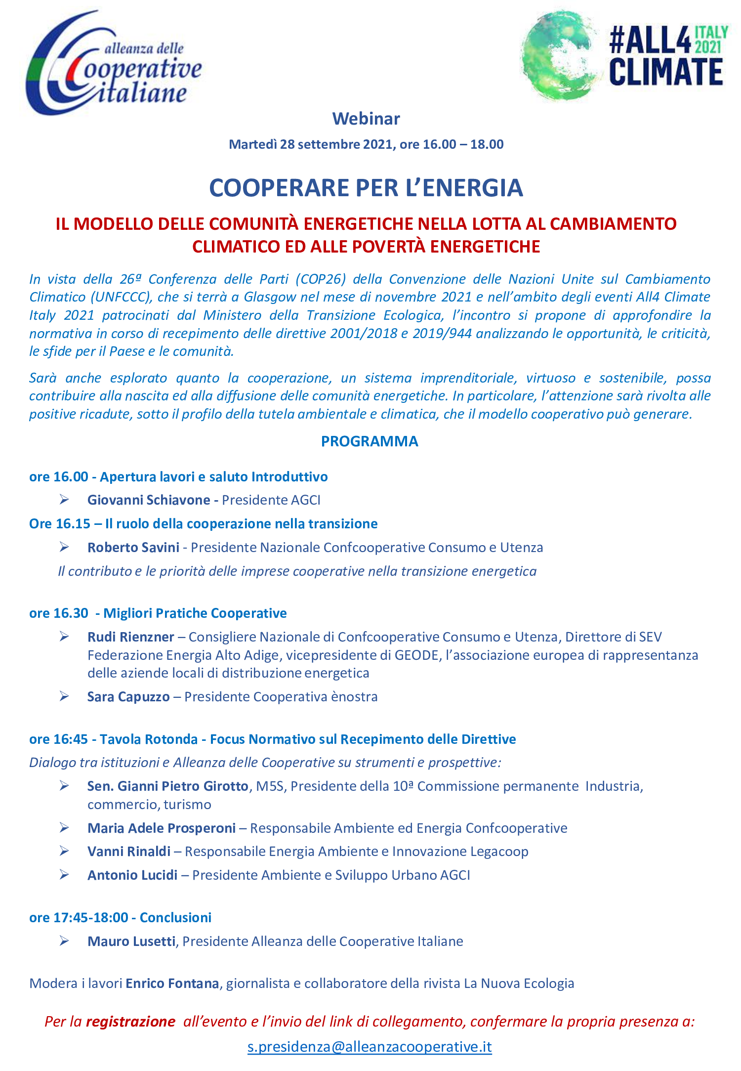 Webinar Cooperare per l’energia Martedì 28 settembre 2021, ore 16.00-18.00