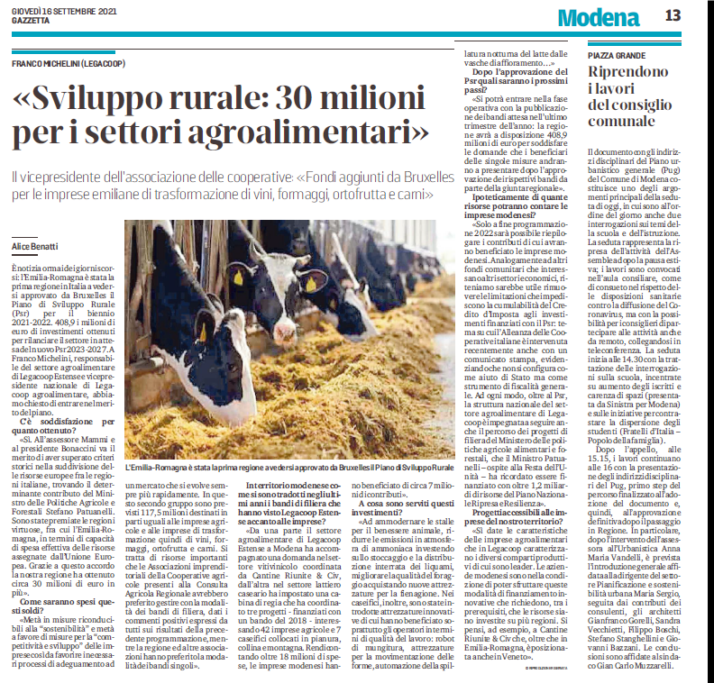 Franco Michelini: «Sviluppo rurale: 30 milioni per i settori agroalimentari»