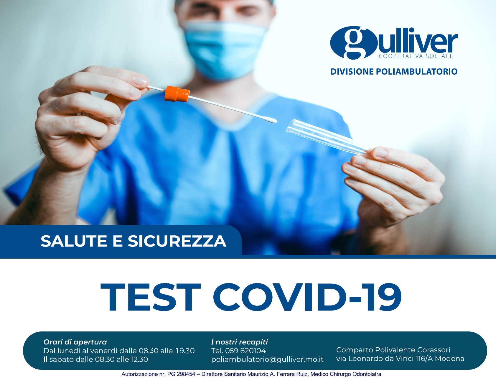 Covid-19: tamponi rapidi alla Divisione Poliambulatorio di Gulliver a Modena e al Poliambulatorio Sanitario Noi con te di Finale Emilia