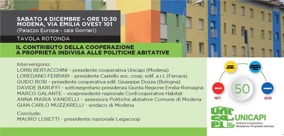 50° Unicapi, il 4 dicembre Tavola Rotonda “Il contributo della Cooperazione a proprietà indivisa alle politiche abitative”