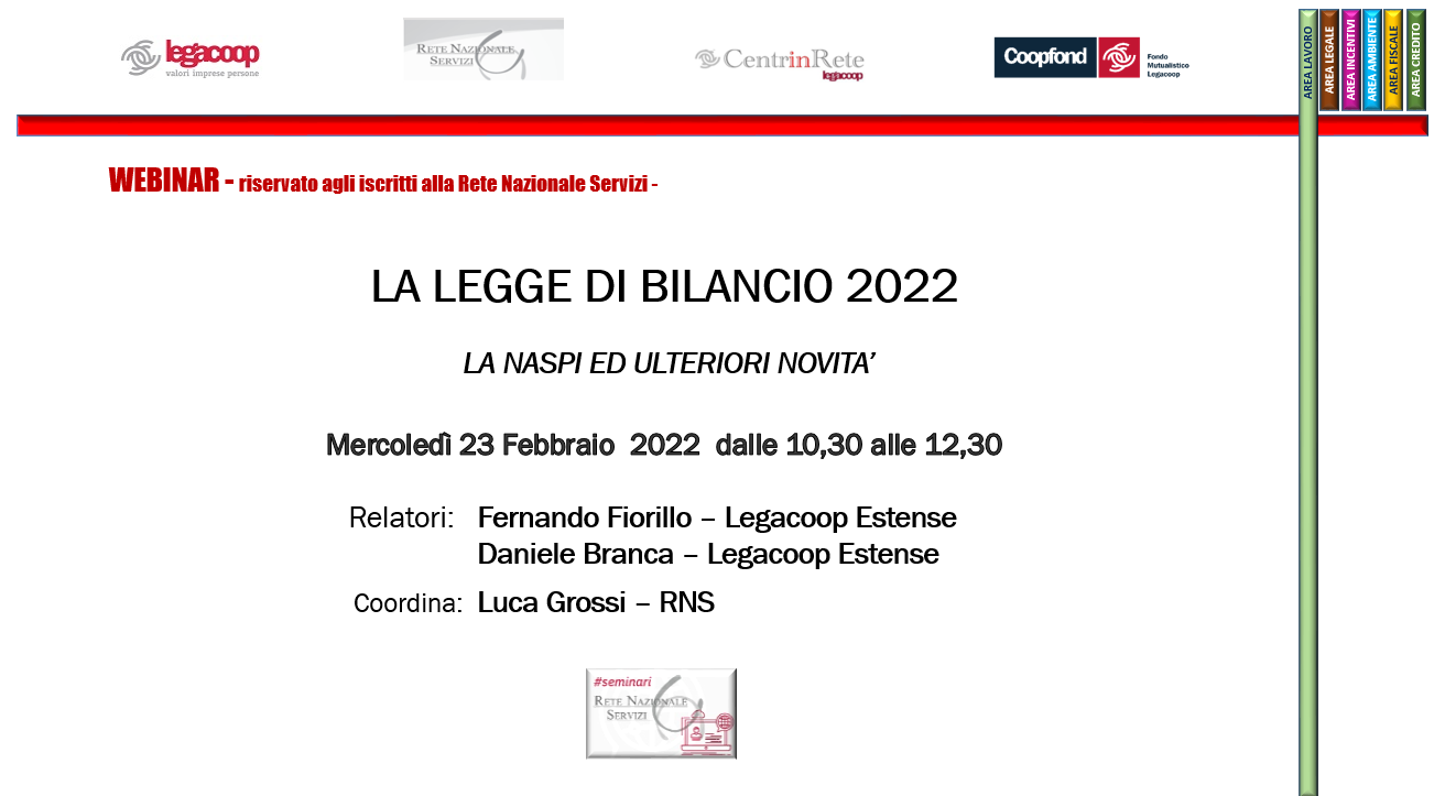 NASPI: novità nella Legge di Bilancio 2022. Il seminario della Rete Nazionale Servizi il 23 febbraio