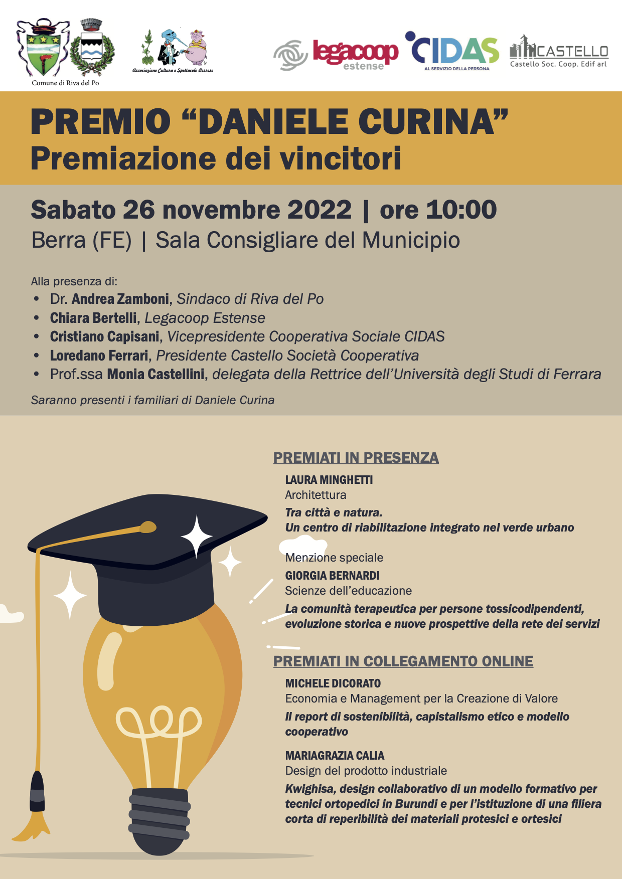 Premio Curina: a Berra la cerimonia di consegna alle migliori tesi di laurea sulla cooperazione