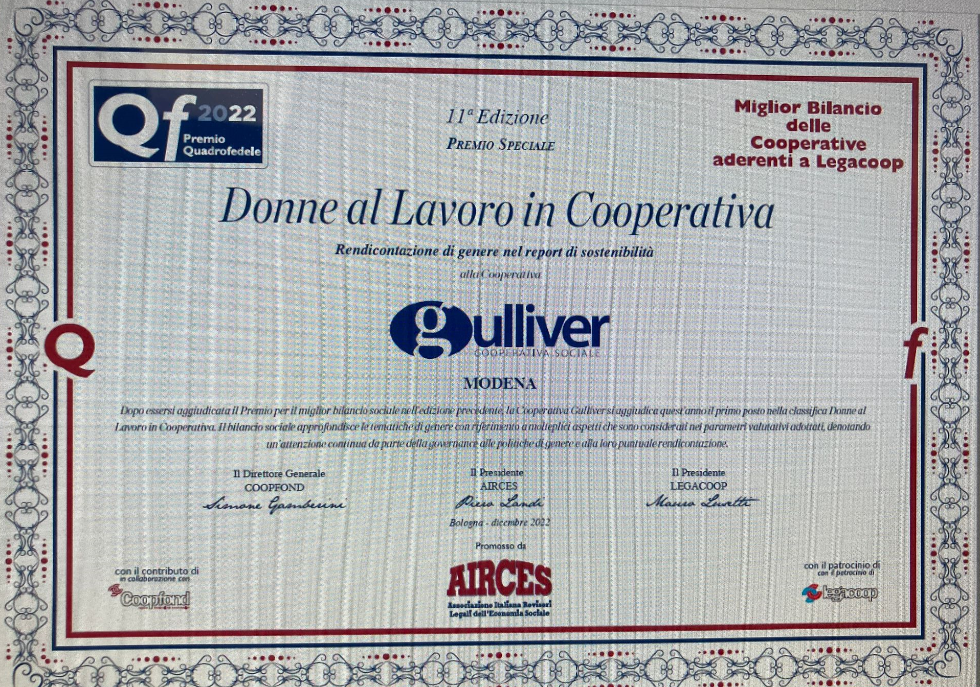 Premio AIRCES Bilancio Sociale 2021 a Gulliver per rendicontazione di genere