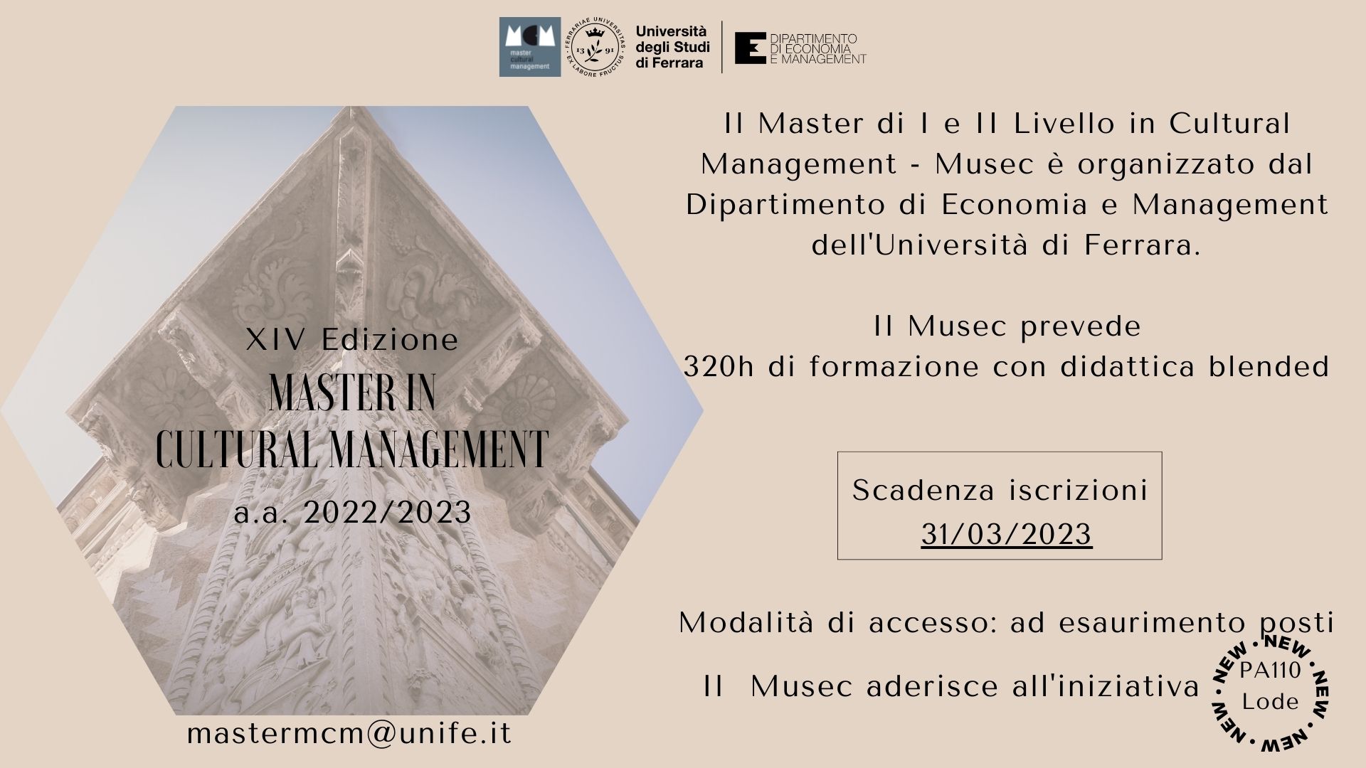 MuSeC: aperte le iscrizioni al master Unife in Cultural Management