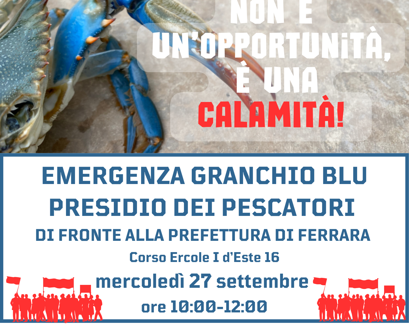 Emergenza granchio blu: il 27 settembre presidio davanti alla Prefettura di Ferrara Emergenza granchio blu: il 27 settembre presidio davanti alla Prefettura di Ferrara