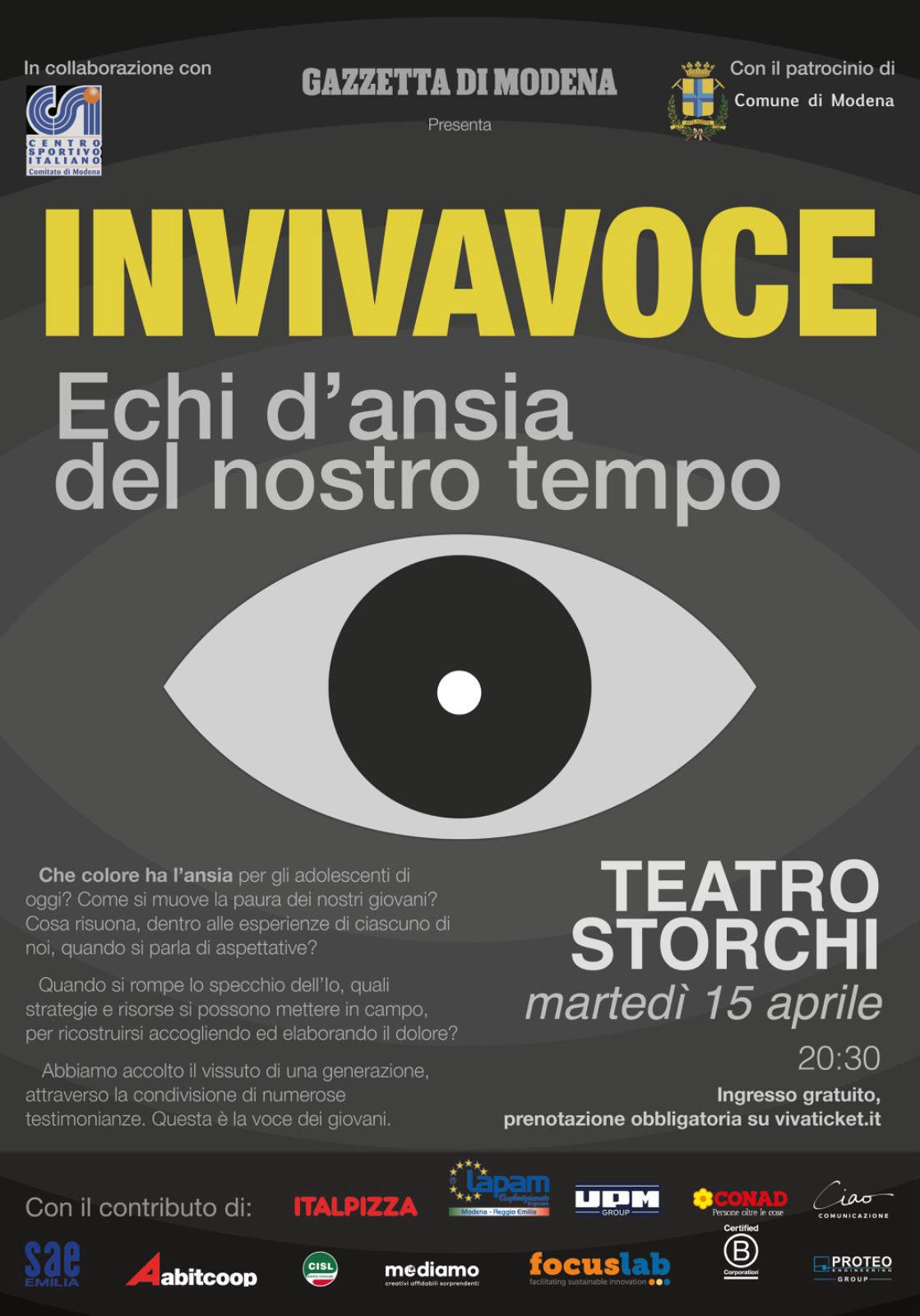INVIVAVOCE: l’ansia dei giovani al Teatro Storchi il 15 aprile. Abitcoop e CONAD tra i sostenitori